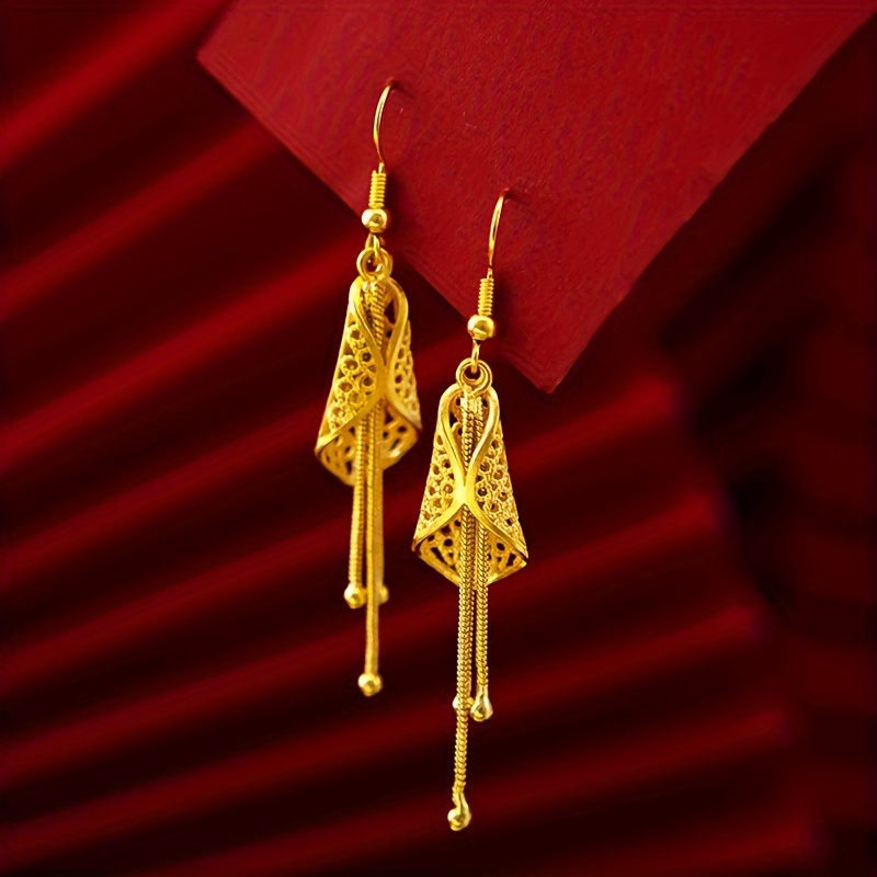 

Plated Brass Hollow Leaf Earrings With Tassels, Vintage Luxurious Dangle Hook Earrings For Women, Wedding Jewelry Accessory