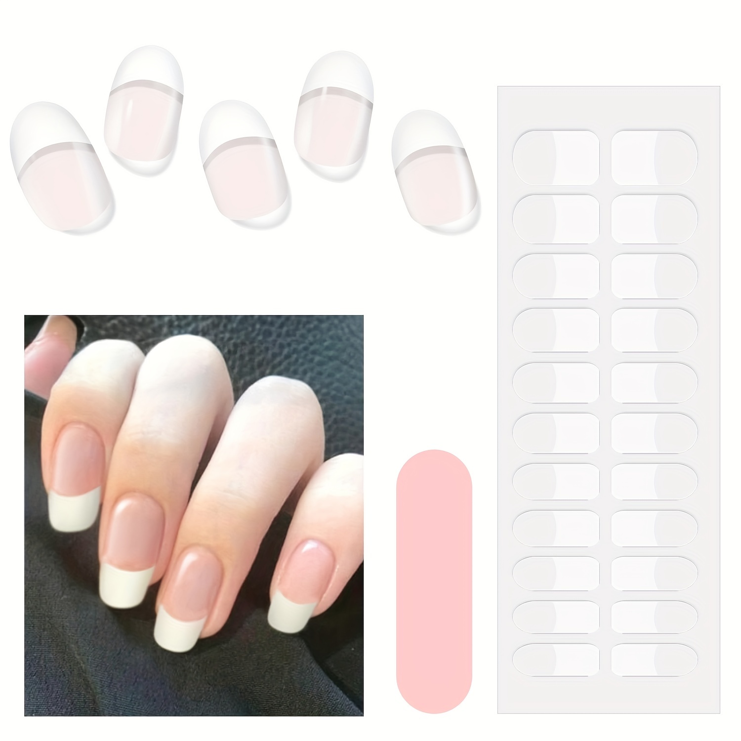 

22pcs French Manicure Nail Stickers, Long Square Shape, , , Pre- Gel Nail Art, , Full Cover Nail Decals