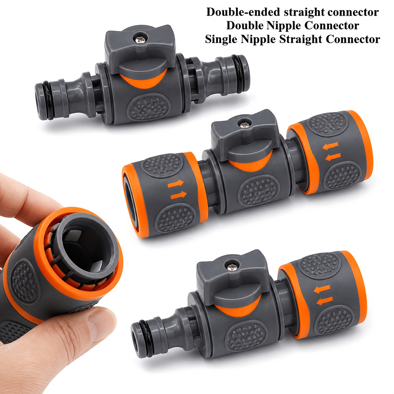 Image of 3pcs/set Easy-install Hose Adapters With Shut-off Valve, Compatible With Garden Water Guns And Car Wash Guns, Universal Fitting For 1/2", 3/8", 1/4", And 3/4" Hoses