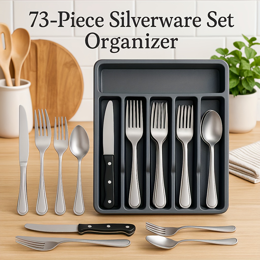 60/73pcs, Stainless Steel Cutlery And A Storage Box, Suitable for 12 People; Mirror-polished Kitchen Utensils, Steak Knives, Spoons, Forks, And Tray, Ideal for Wedding, Camping, Home, Birthday, Suitable for Parties And Christmas Party.