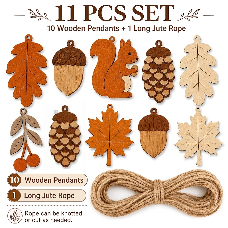 TEMU 2d Flat, 11pcs Thanksgiving, Autumn Wooden Banner Decorations, Maple Leaf, Squirrel, , Pine Cone Hanging Decorations, Rustic Farmhouse