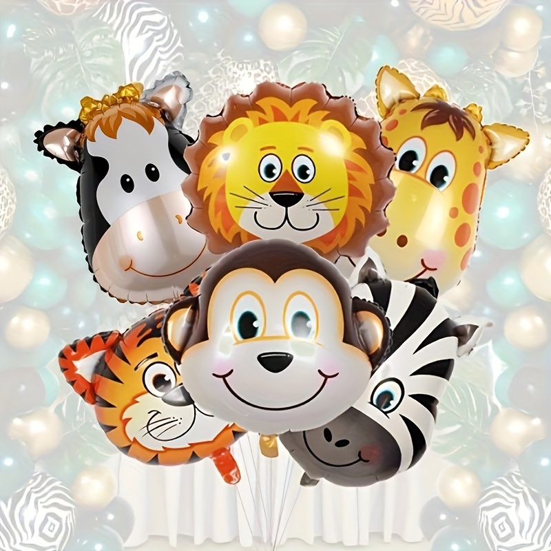 

6pcs, Cute Jungle Animal Head Foil Balloons, Forest Lion Tiger Giraffe Aluminum Film Birthday Party Decoration Balloon, Baby Shower Decor, Home Room Decor