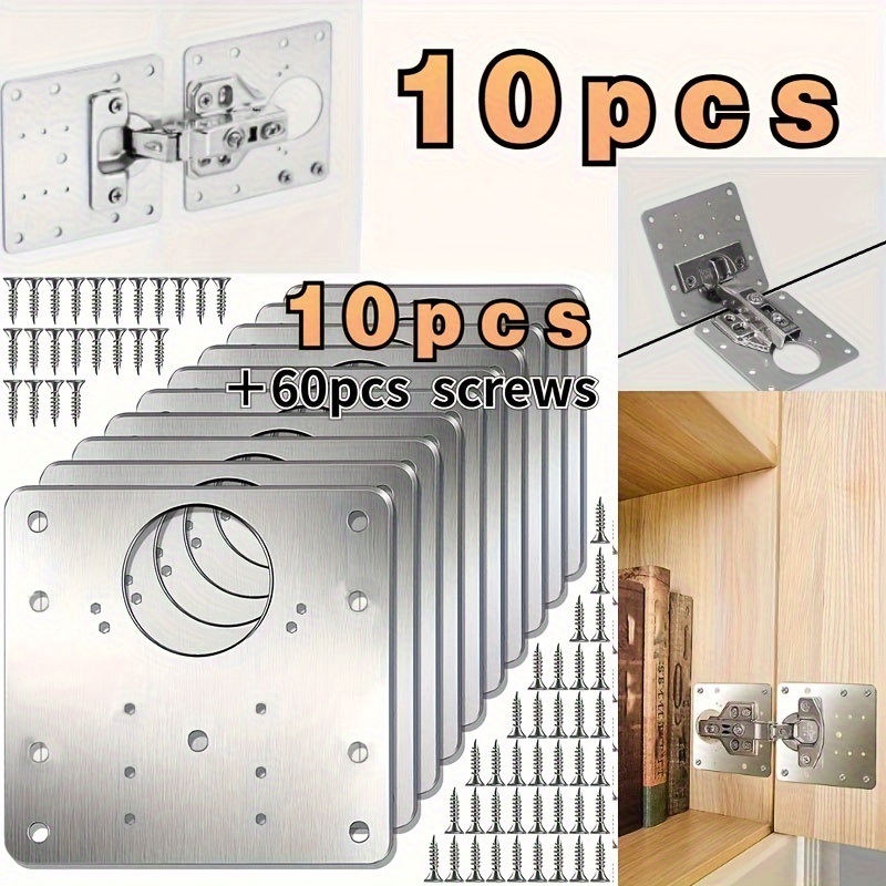

10pcs Kitchen Cabinet Door Hinge Repair Plate With Hole Components, Stainless Steel Flat Fixed With Screw Support, Suitable For A Variety Of Cabinets
