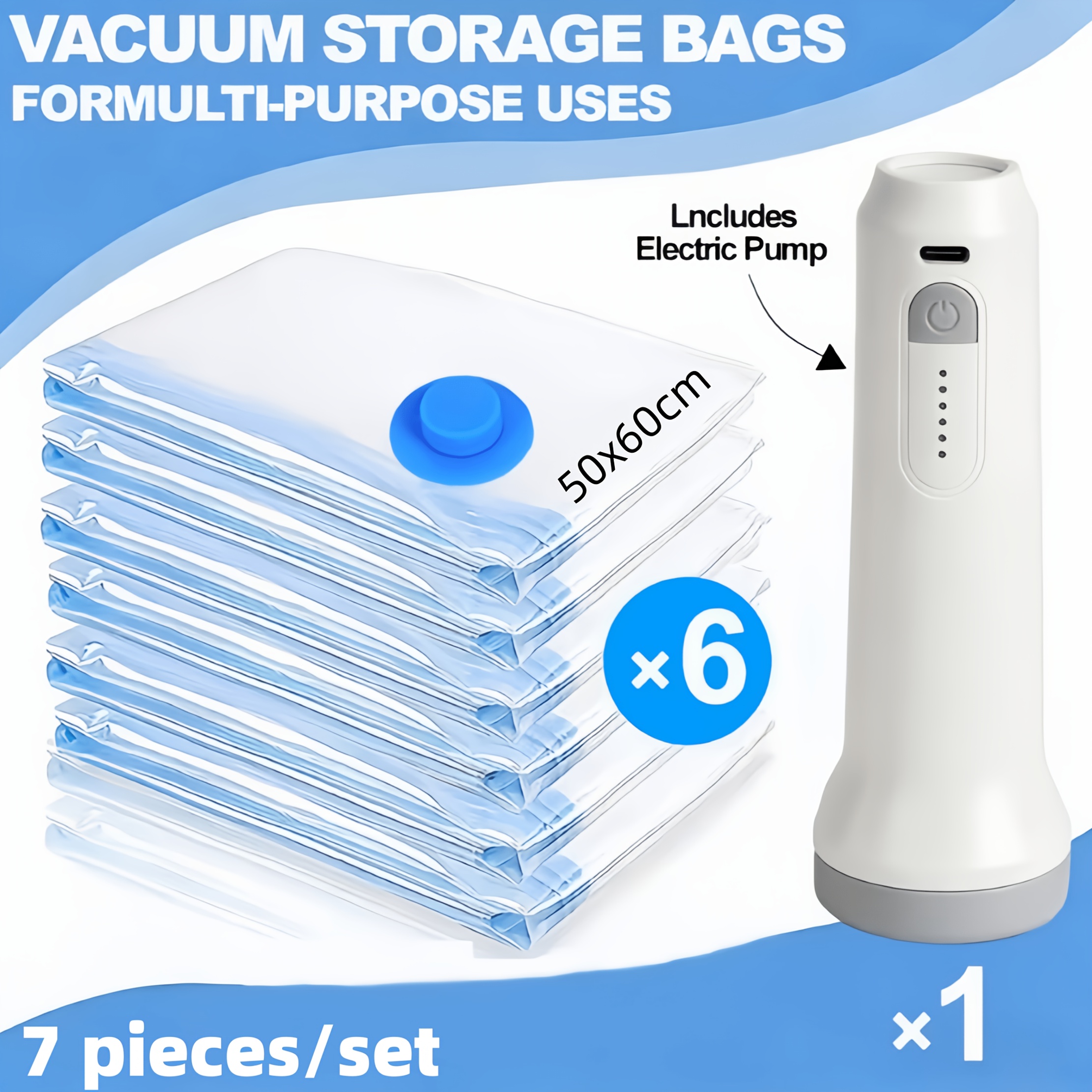 TEMU 7pcs Set - Various Sizes, Vacuum Compression Bags And Usb Electric Air Pump, With Charging Cable, 1500mah Ultra-long , Portable And Convenient