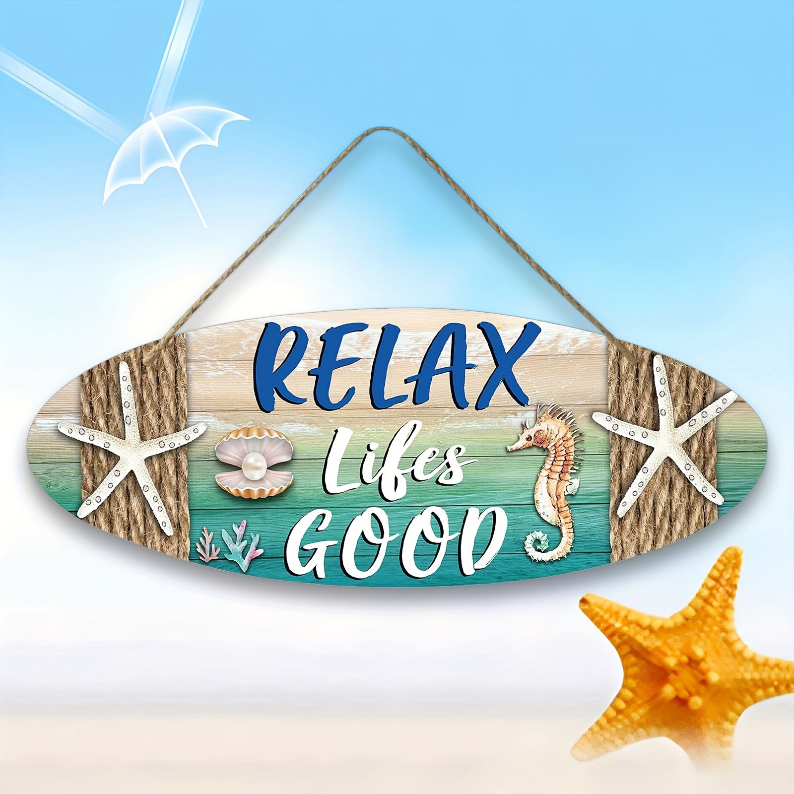 

1pc, Hanging Beach Sign Decoration, Starfish Wall Decoration, Summer Beach Plaque Seahorse And Scallops, Suitable For Gym/pool/bar/bathroom/patio/beach Hut (11.81x5.9inch)