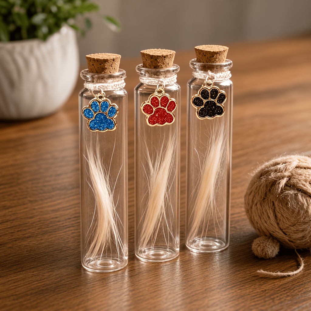 TEMU 3pcs Pet Hair Memorial Keepsake Glass Bottles With Sparkling Paw Print Charm For Cat And Dog Fur Preservation - Pet Loss Sympathy Gift