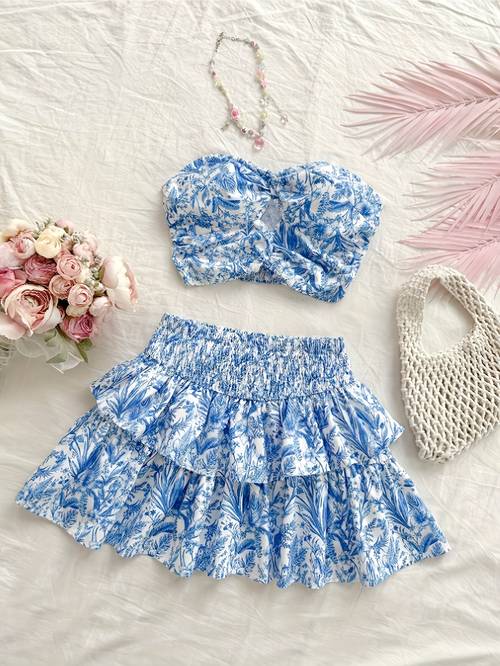 vacation beach bandeau print skirt set womens stylish two piece romantic resort outfit tiered mini skirt spring summer casual wear