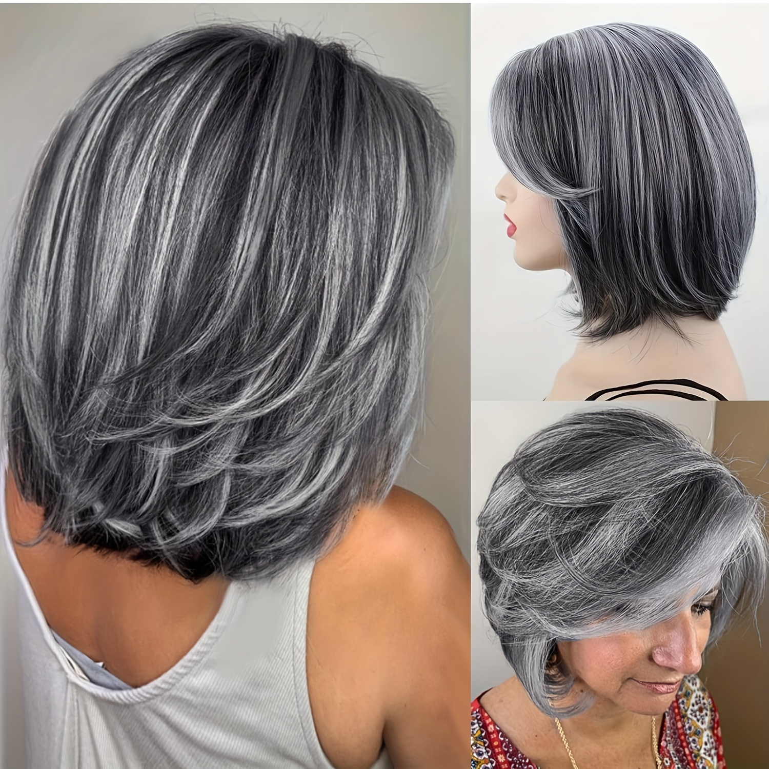 

Silver Layered Bob Wig With Bangs For Women - Fiber, Basic Straight Hair, Cap, Universal Fit Synthetic Highlighted Grey Ombre Wig For Daily And Party Use