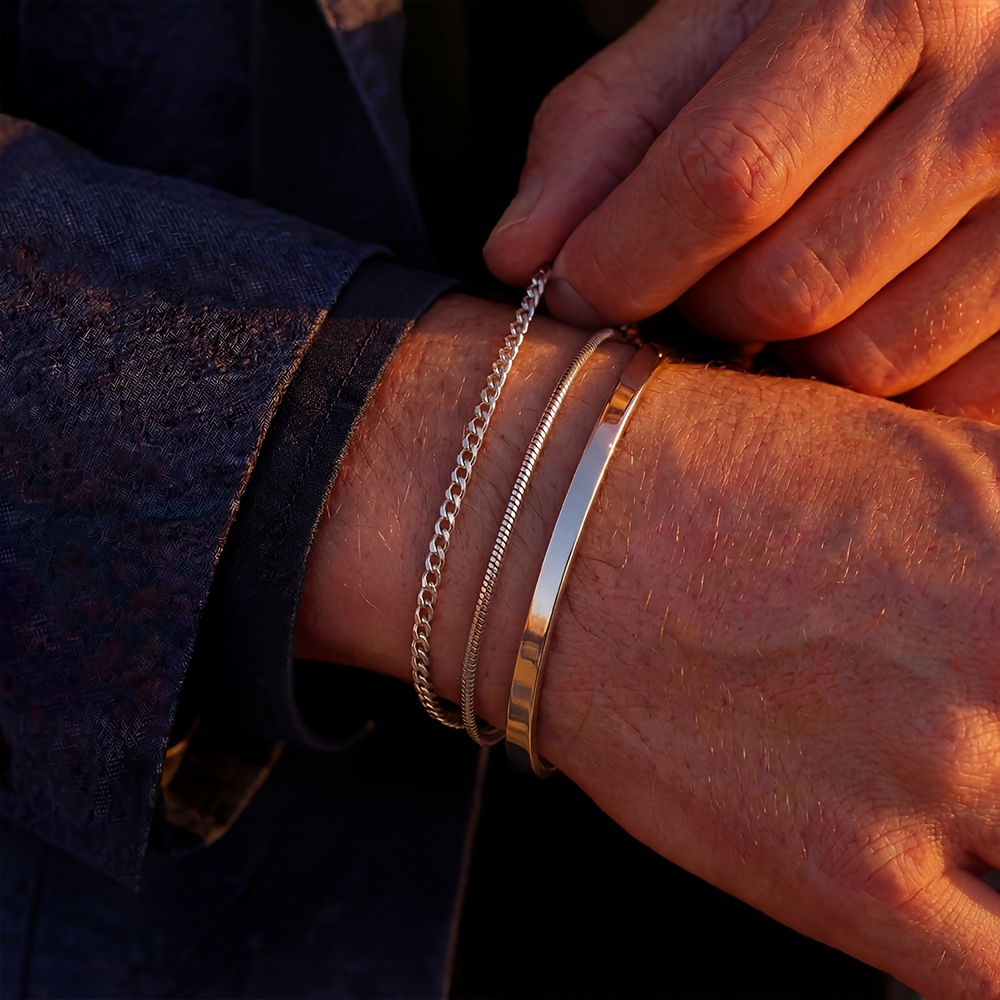 E-shop 3-teiliges minimalistisches Herren-Armband-Set aus Edelstahl: verstellbares Armreif mit silberner Schlangenkette kubanischem Glied, Schmuckset