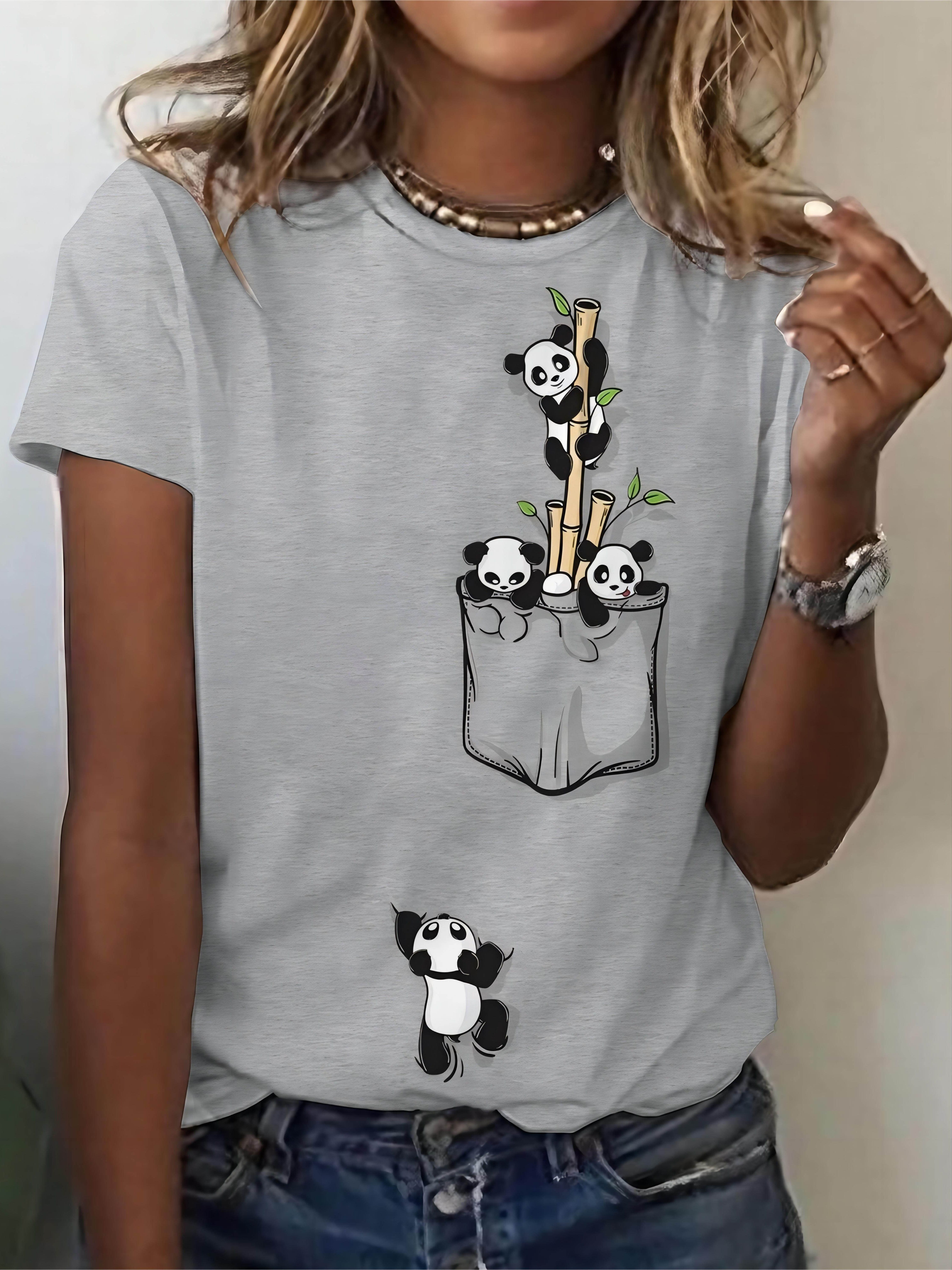 Women's Casual Elegant Panda Print Crew Neck T-Shirt - Short Sleeve Bamboo Graphic Tee, Soft Breathable Fabric, Machine Washable, Spring Summer Top, Panda Gifts, Casual Attire Shirt, Durable Print Shirt