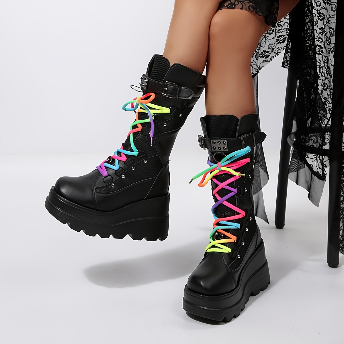 womens y2k punk platform boots black calf combat boots - Temu Cyprus