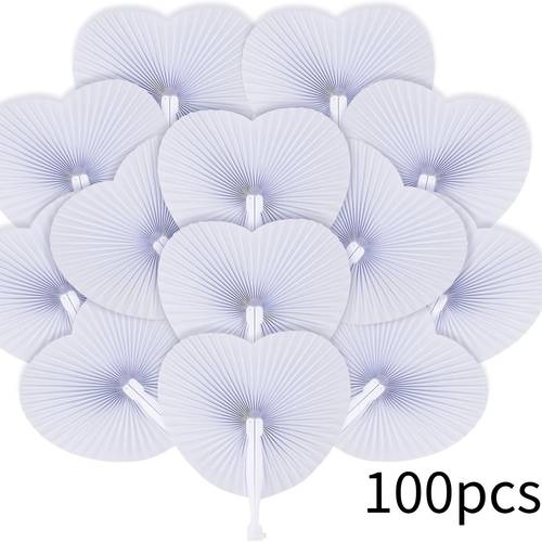 100pcs of romantic white heart shaped foldable paper fans ideal for painting and decoration featuring durable plastic handles great for wedding decorations birthday party gifts photo booth additions event keepsakes and handmade crafts