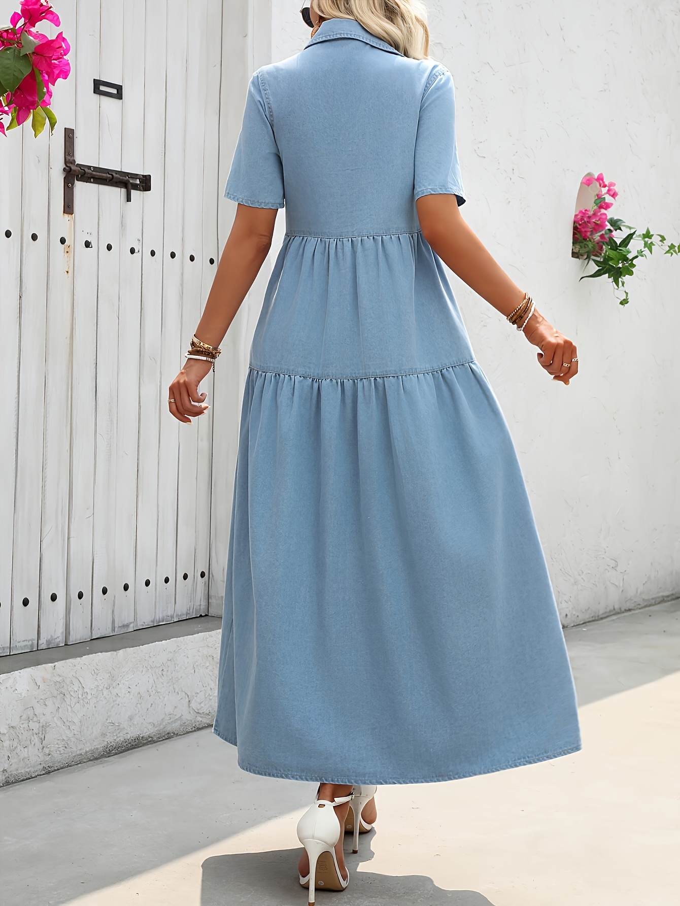 womens denim maxi dress 85 15 polyester short sleeve solid - Temu