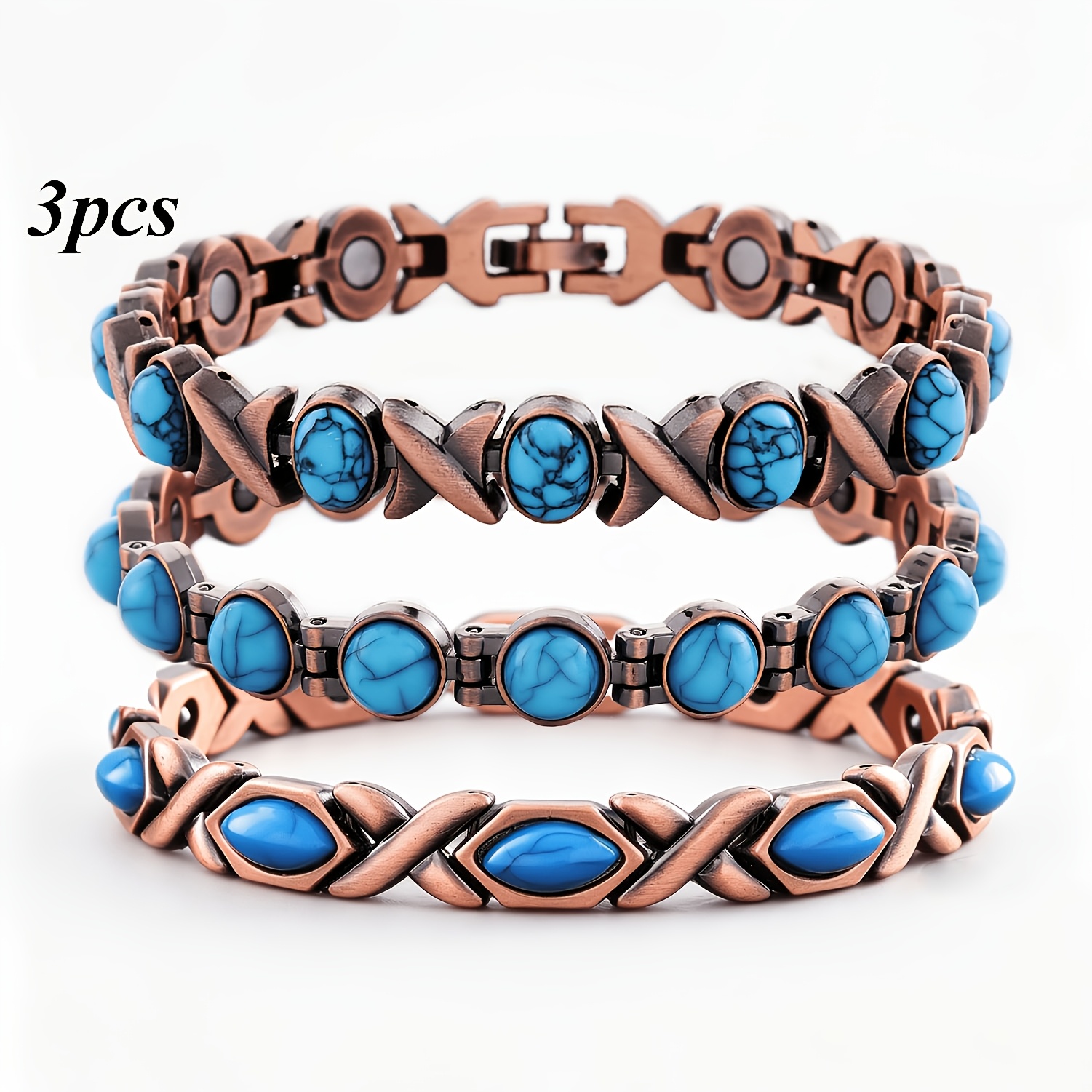 TEMU 3pcs Bohemian Pure Copper Magnetic Bracelet Set, Round/oval/rhombus Natural Turquoise Bracelets, 3500 Magnetic Bracelet Set, Suitable For Daily
