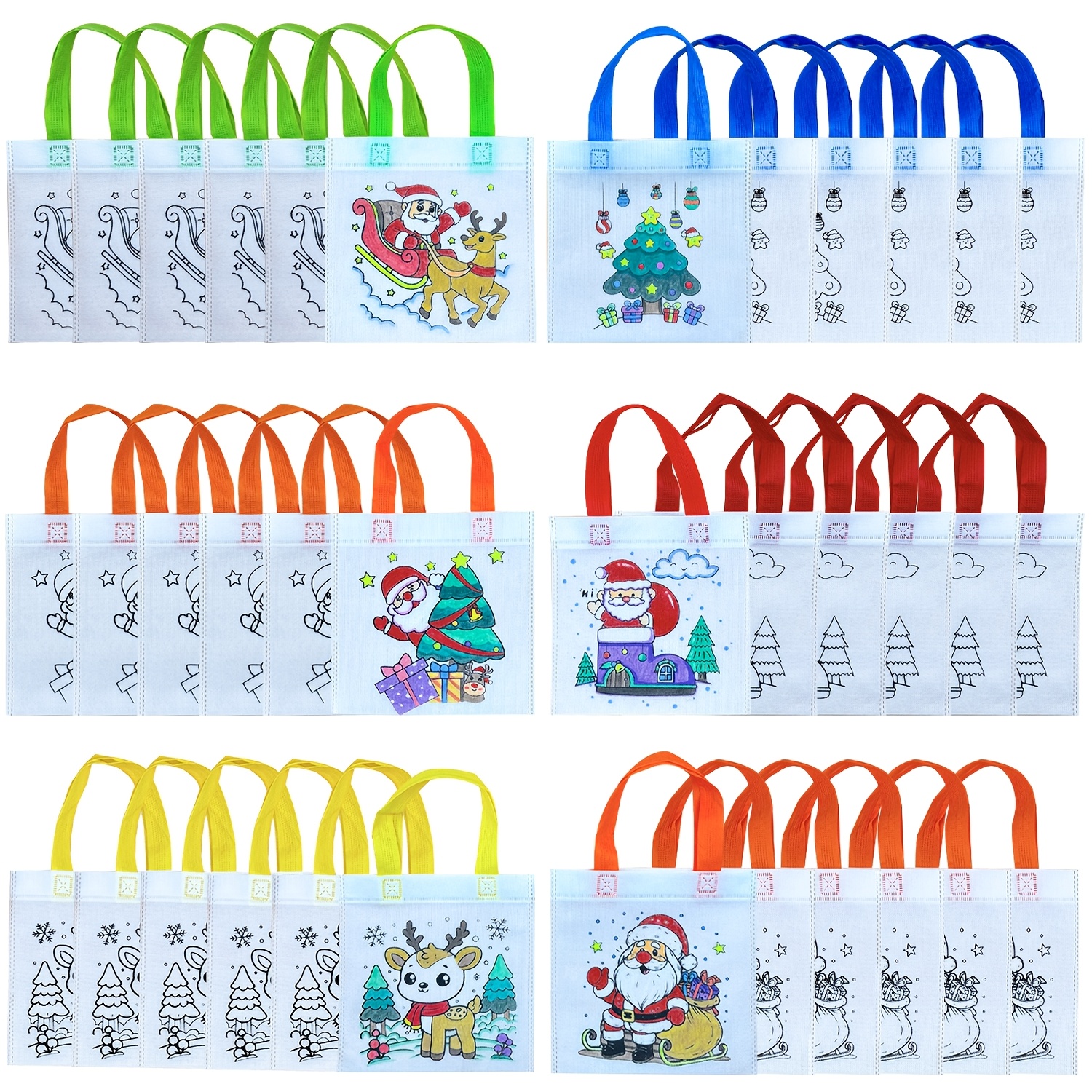 Image of 36pcs Christmas Diy Doodle Bags With Colorful Handles, Reusable Party Favor Bags, Suitable For Christmas, Themed Parties, Gathering Gift Wrapping