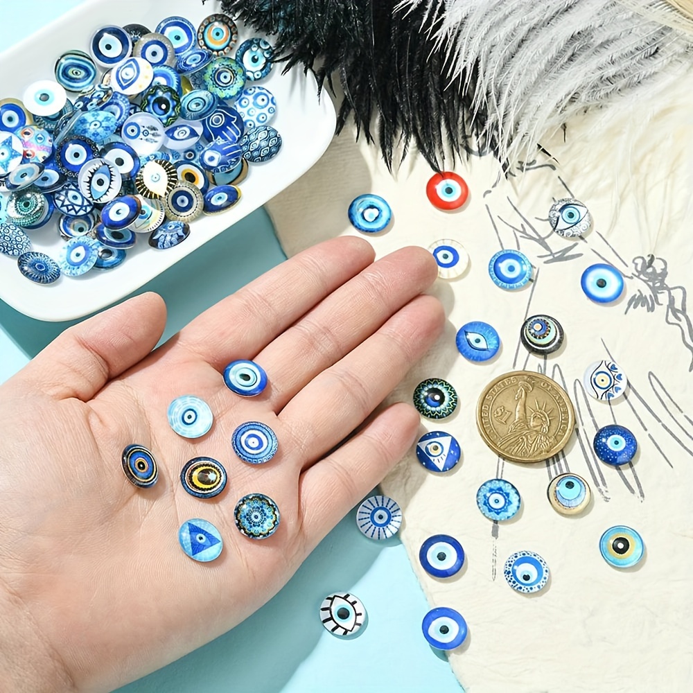 

100pcs Mixed Glass Cabochons Set - Evil Eye & Hand, Heart & , Assorted Colors, 12x3.5~4mm Flatback Dome Beads For Making