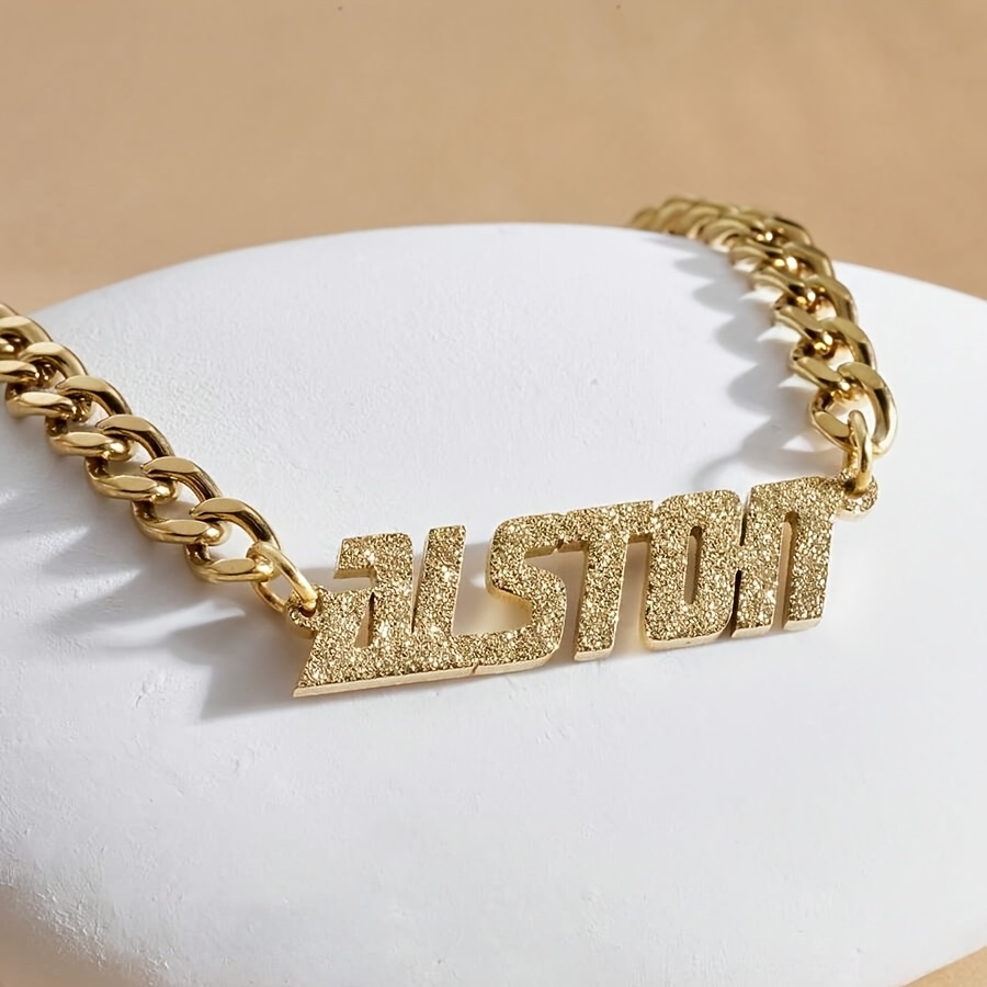 TEMU 1pc Golden Silvery Personalized Minimalist Fashion Necklace, Shiny Matte Necklace, Custom Golden Stainless Steel Chunky Chain Letter Necklace, A