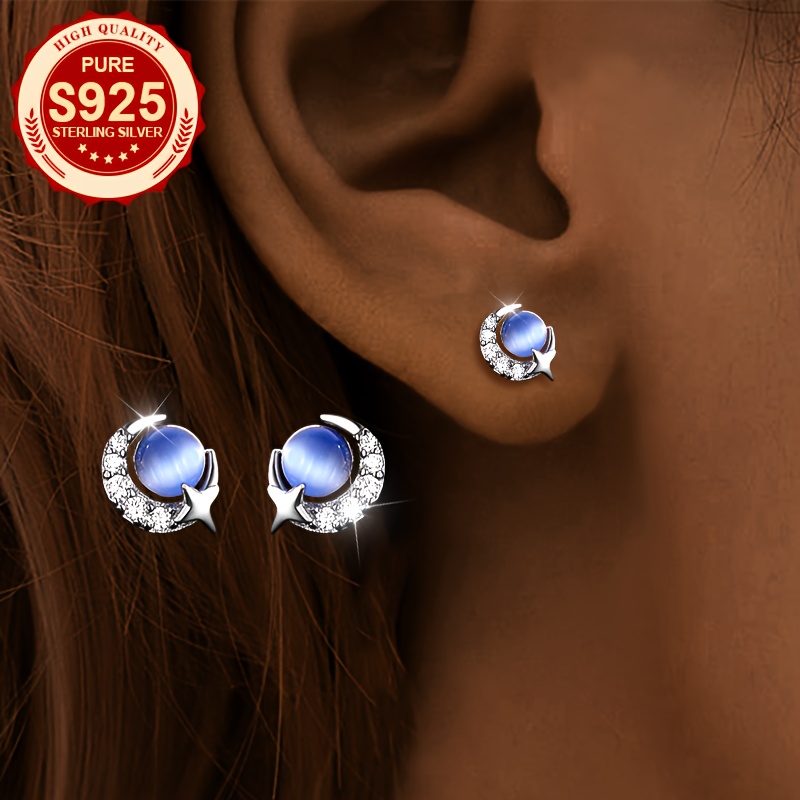 

Pair, S925 Silver, Women's Blue Glass Ball Earrings, Cute And Compact, Temperament And Fashion, , Star And Moon , Gift, Low Allergy, 1.2g