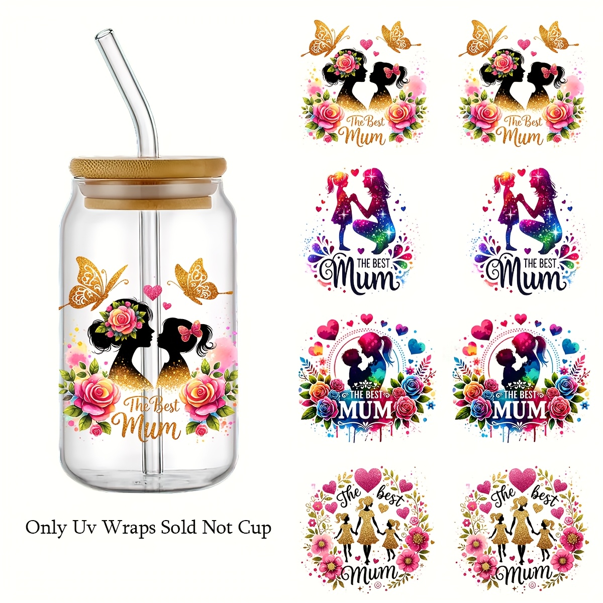 

4pcs The Floral Heart Uv Dtf Transfer Stickers Waterproof & -resistant For Mugs Glass Cups, Diy Decoration Kit For Tumblers & Coffee Mugs - Waterproof Decorative Stickers (cups Not Included)