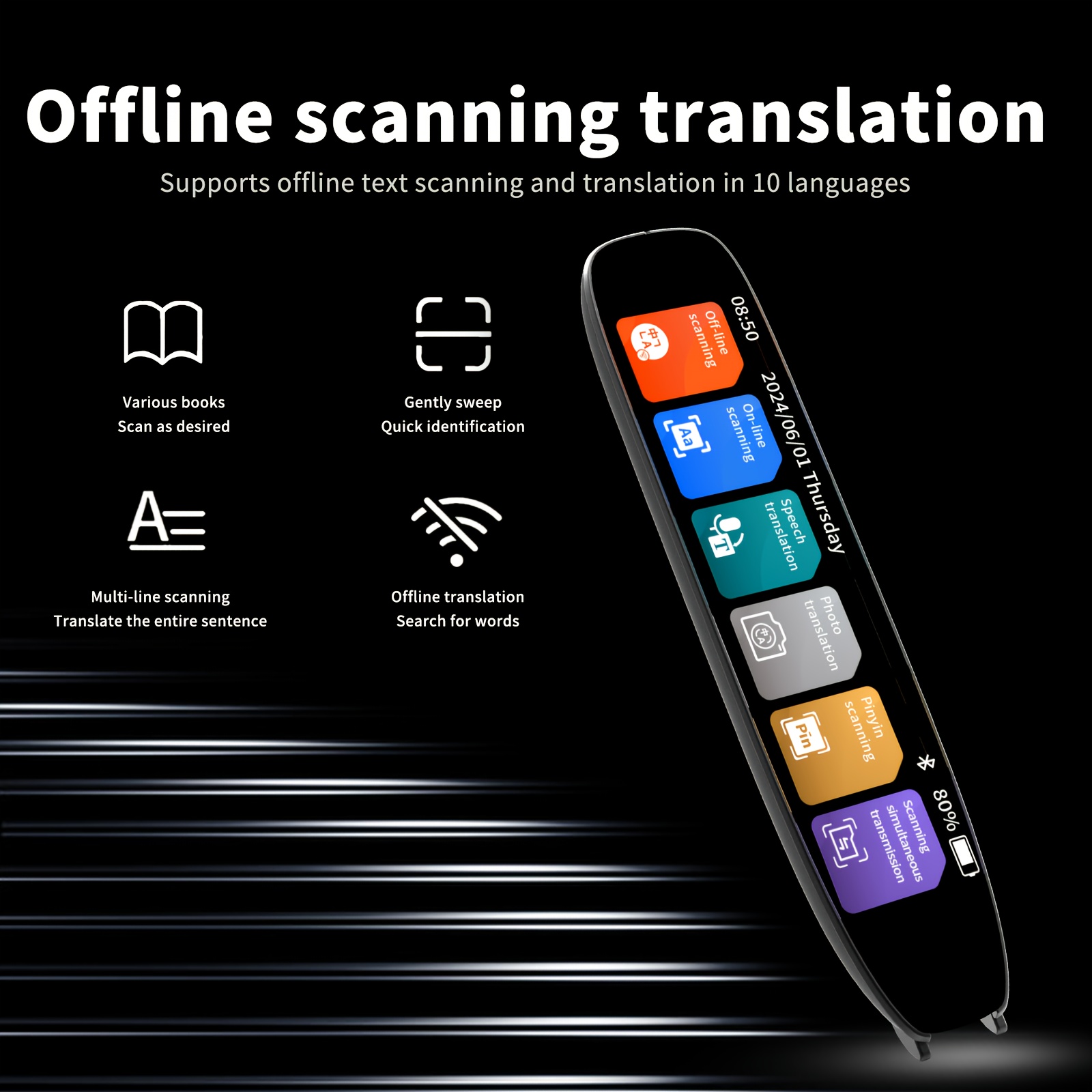 WingFly Scan Reader Pen, 142 Talen Vertaalapparaat, OCR Digitale Pen Reader, Ondersteunt Spraak & Scan naar Tekst Vertaling, Slimme Spraakvertaler Pen voor Dyslexie, Studenten, Vergaderingen (Zwart
