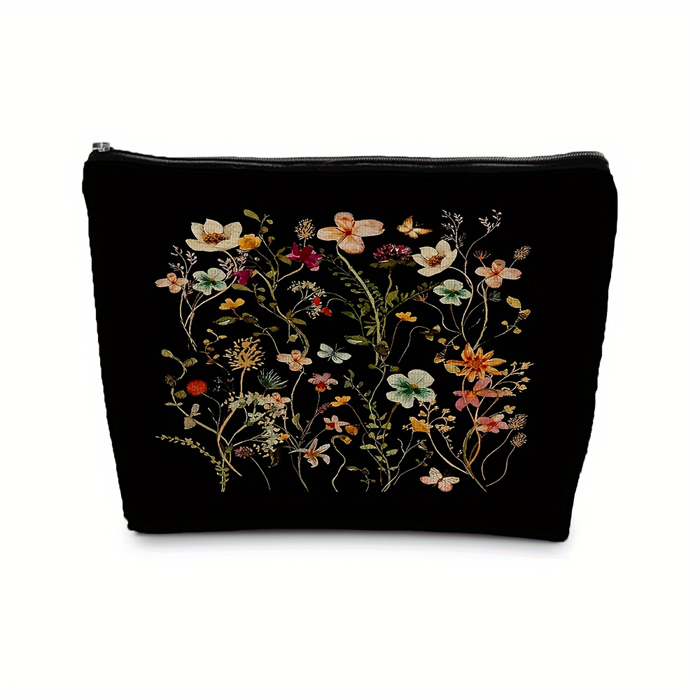 

Chic Black Floral Cosmetic Bag With Zipper - Fabric Makeup Pouch For Women And Girls, Perfect Gift Idea