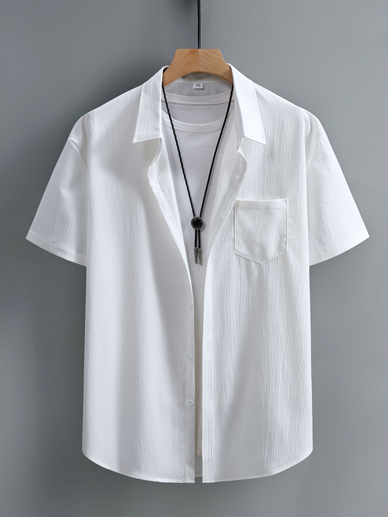 Men's Casual Short Sleeve Button-Up Shirt - Wrinkle-Resistant Polyester, Dark Gray with Collar & Chest Pocket, Lightweight Summer Wear for Everyday Use, Everyday Shirt | Modern Casual Style | Polyester Fabric, Short Sleeve Tops, PLUS SIZE