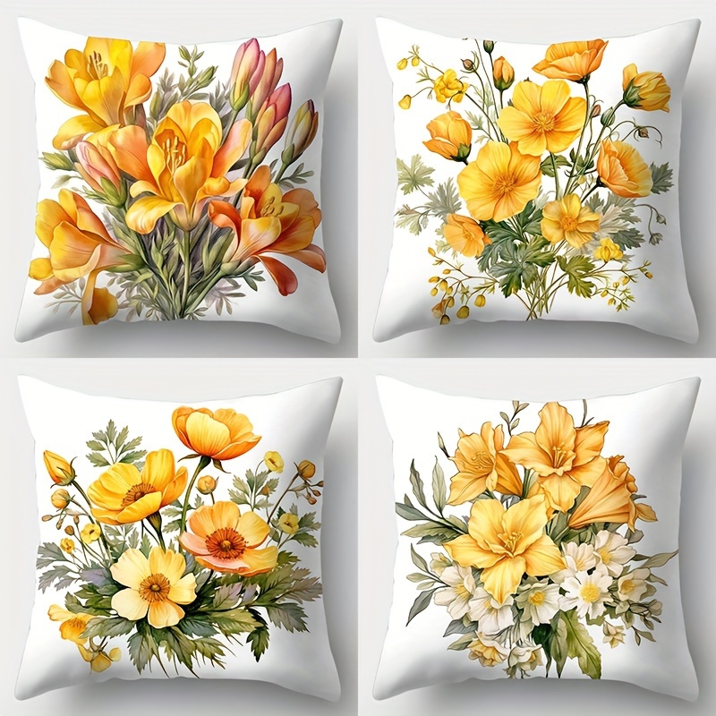 TEMU 2d Flat Printing ( Embroidery), 4pcs Set, Contemporary Style Pillowcases, Yellow Floral Pillowcases, Bright And Vivid, Polyester Fiber, Pillow