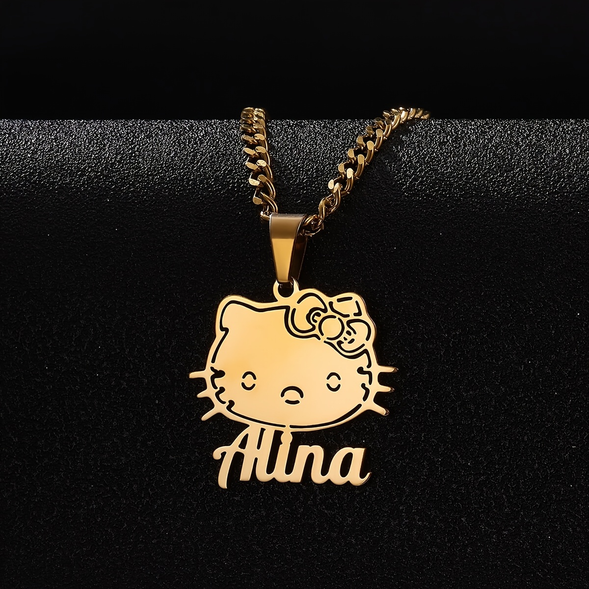 E-shop [Personalisiert] Edelstahl Hello Kitty Halskette mit goldenem Hello Kitty-Design, Hello Kitty Namenshalskette, individuelles Schmuckgeschenk,