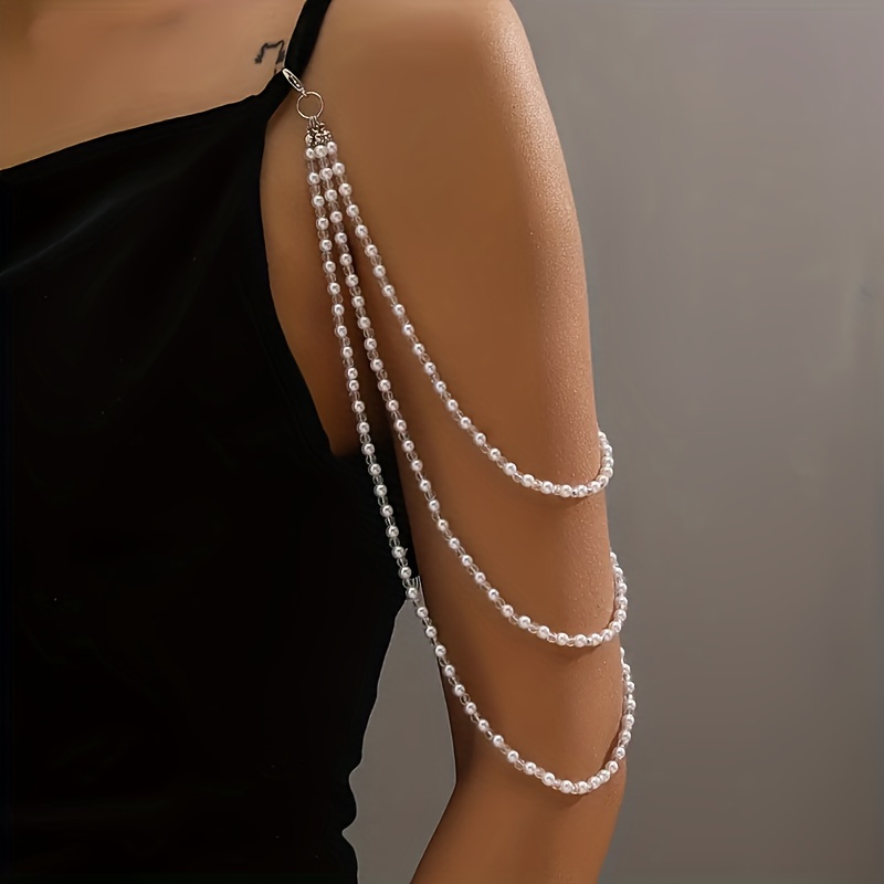 Image of 1pc Elegant Luxurious Women's Shoulder Chain, Artificial Pearl And Acrylic Bead Alternating Beaded Shoulder Chain Evening Dress Armband, Banquet Party Holiday Wear
