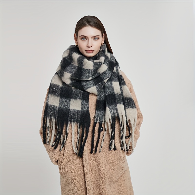 

Double Color Grid Chunky Scarf Thick Warm Long Shawl With Tassel Autumn Winter Coldproof Windproof Neck Wrap