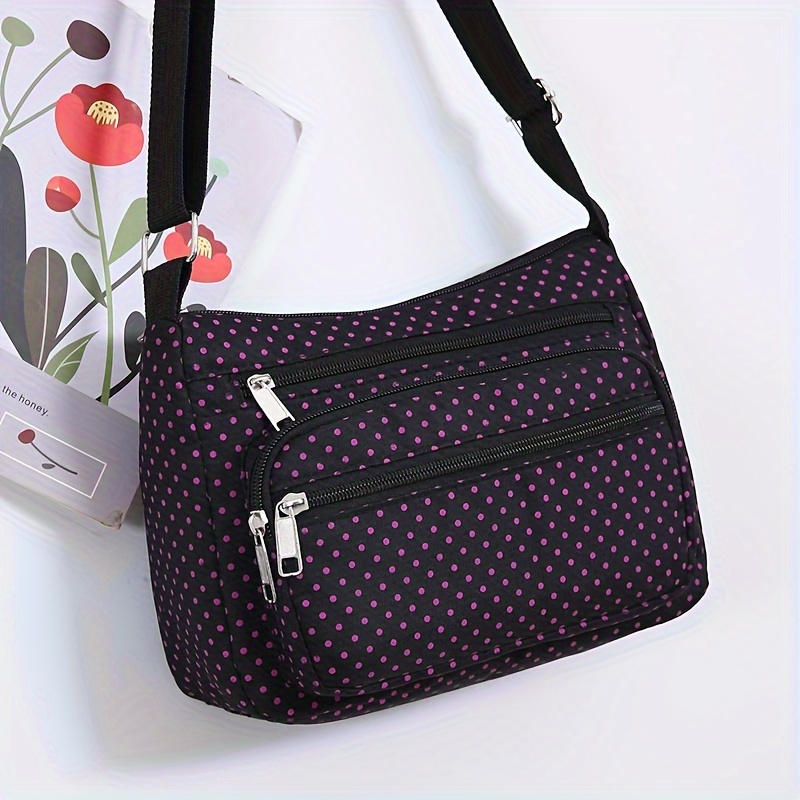 

Elegant Purple Polka Dot Nylon Tote Bag - Large Capacity, Adjustable Strap, Zippered Compartments, Casual Shoulder & Crossbody Bag For Women