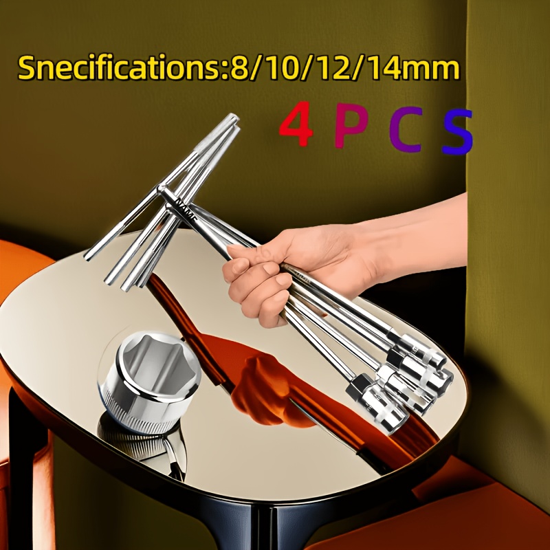 TEMU 4pcs T-handle Socket Wrench Set, Chrome Vanadium Steel Structure, 8-14mm For Hexagon Socket Tool Motorcycle And Automobile Maintenance, Heavy