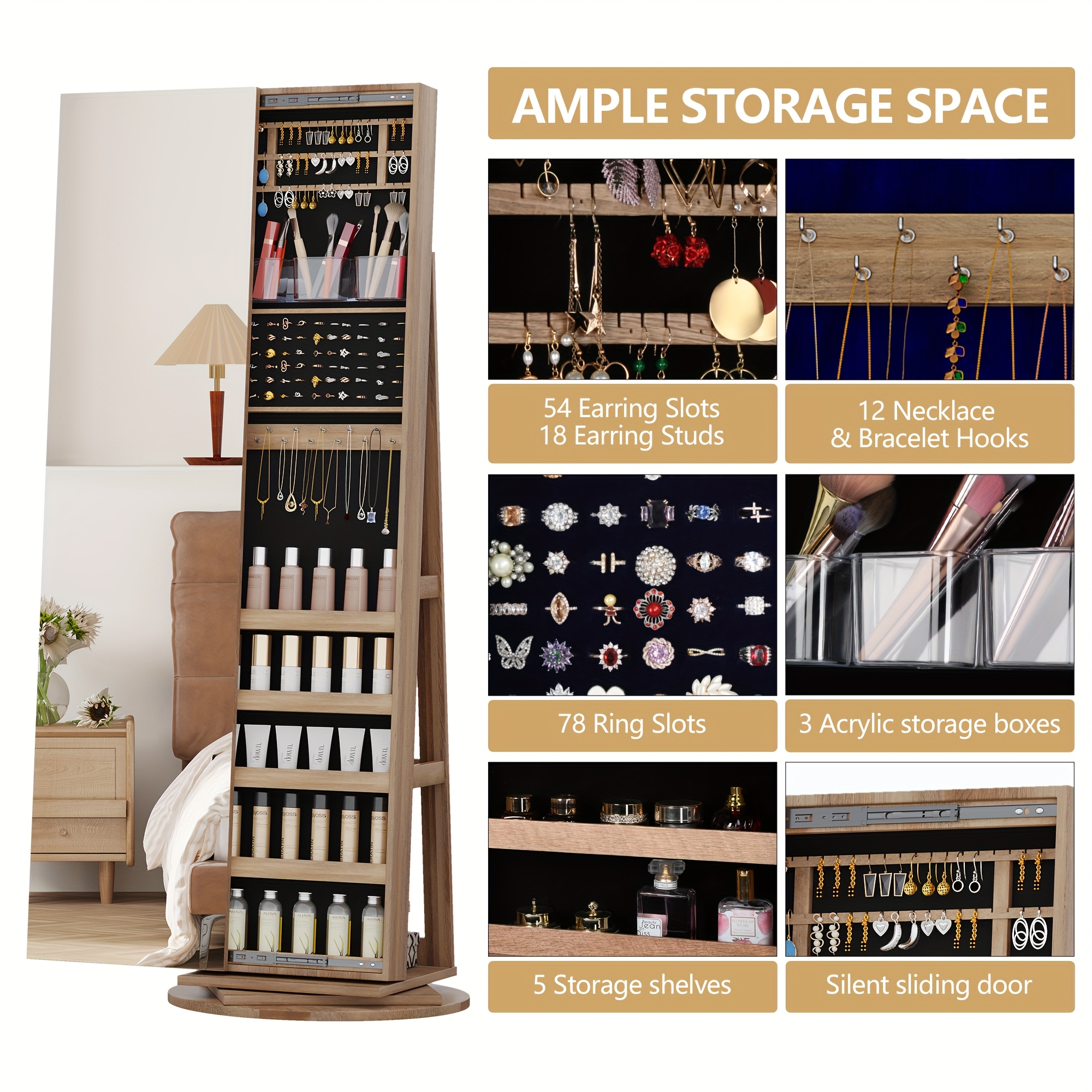 hwb 360 rotating jewelry   with lights lockable   jewelry cabinet standing full length   with jewelry storage large jewelry   organizer wheels foldable makeup shelf Product details 2