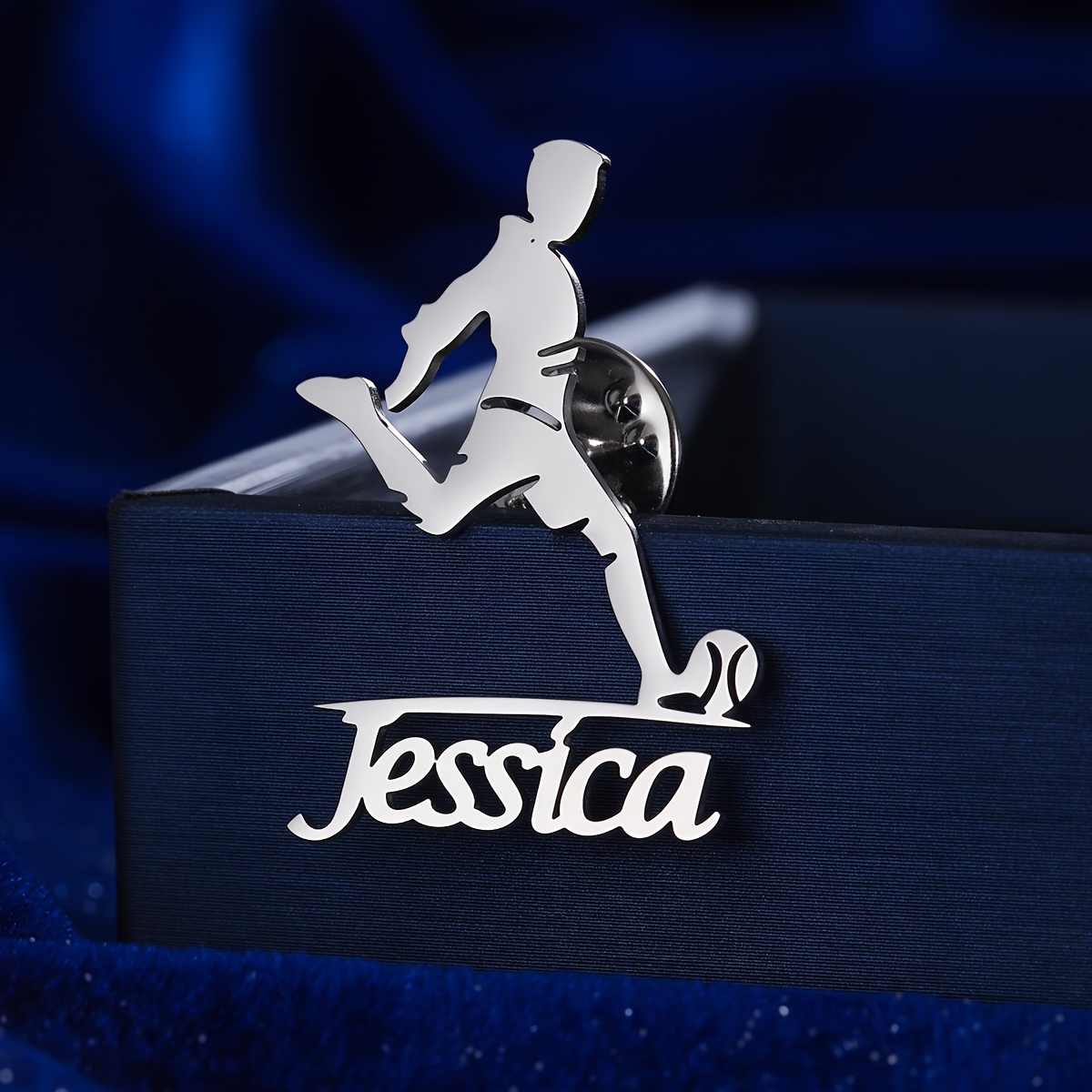 TEMU Custom Name Football Brooch - Personalized Stainless Steel Athlete Badge With Soccer Player Design, Durable Jewelry Gift For Football Fans,