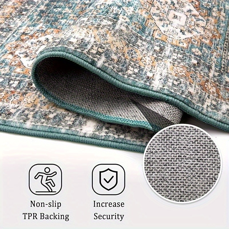 Image of Machine Washable Large Mat For Living Room Distressed Area Mat Medallion Design Oriental Rugs Bedroom Dinning Room