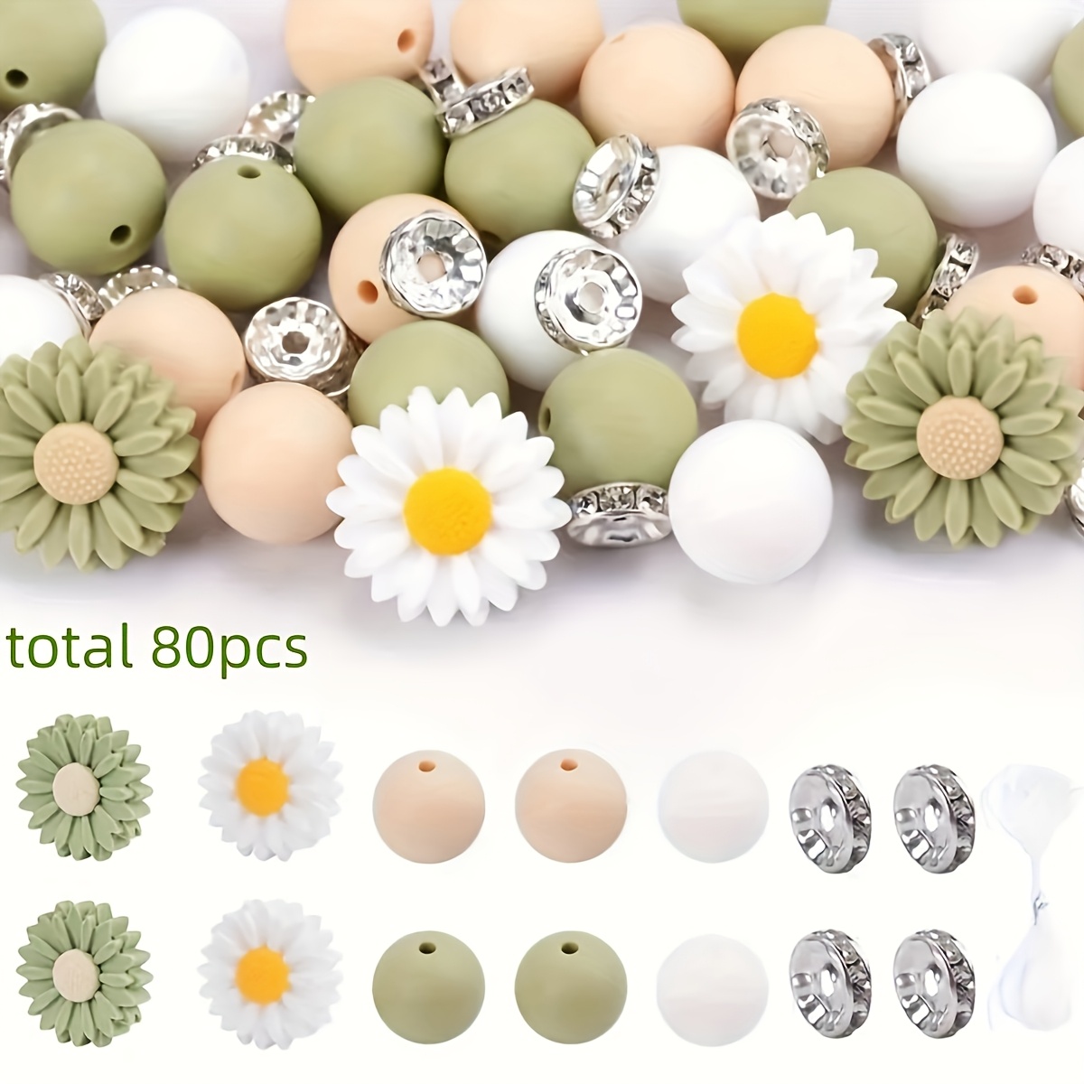 E-shop 80 Stück Silikon-- und Sonnenblumen-Knöpfer-Set - 12 mm runde Silikon-Knöpfer mit Strass-Spacer und 3 m Nylon-Schnur für Schmuckherstellung,