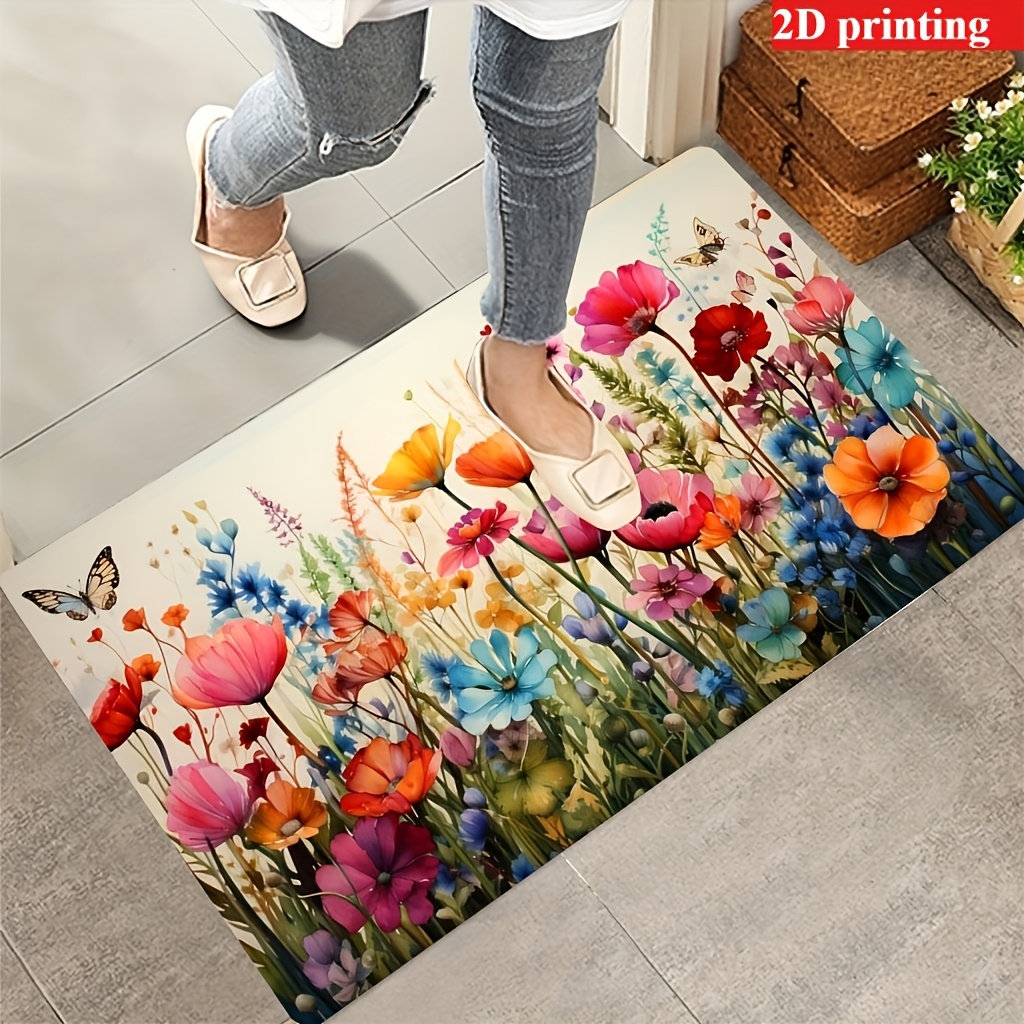 Image of 2d 1pc Watercolor Floral Pattern Door Mat - Vibrant Colored Mat, Easy-clean Washable Polyester Material, Suitable For Entrance, Bathroom, Kitchen, Bedroom, Laundry Room, Room Decor, Home Decor