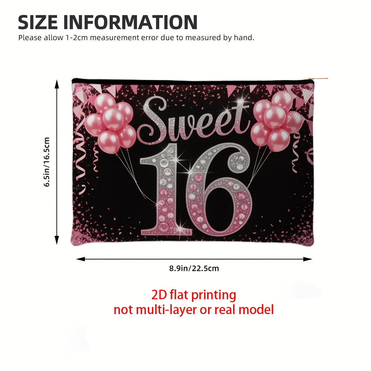 TEMU A 2d Flat-printed Cosmetic Bag For A Sweet 16 Birthday Party, Featuring A Fashionable Zipper Design. This Portable And Multifunctional Toiletry