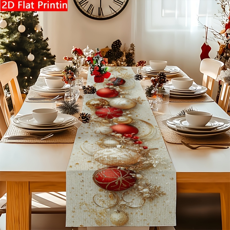 TEMU Chemin de pièce, impression 2D à plat, 100 %, motif boules dorées rouges et de neige, décoration de table festive pour de Noël, 2D à plat