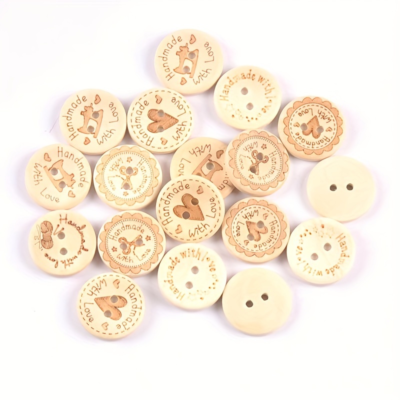 

50 Handmade Wooden Buttons With Love Motif, 2cm Diameter, Mixed Colors, Perfect For Diy Crafts And Sewing Projects