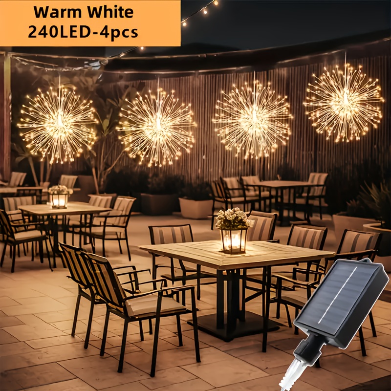 TEMU [popular ] 4/5pcs Hanging Solar Powered Outdoor Firework Lights, 240/360/450 Led Sparkling Starburst Sphere Lights, Warm White/multicolor, 10