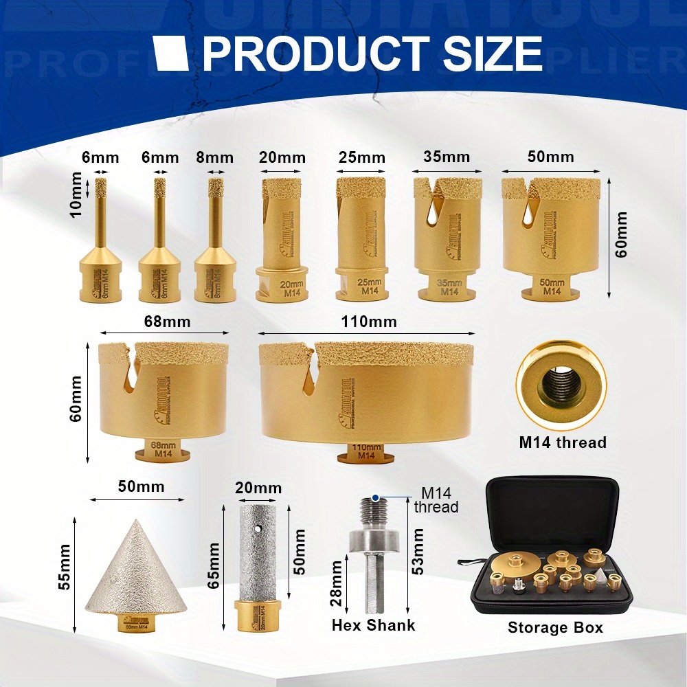 Shdiatool Tile Kit - 12pcs Diamond Core Drill Bits 6/6/8/20/25/35/50/68/110mm 2" Chamfer Bit 20mm Milling Bit Hex To M14 Thread For Porcelain Ceramic Granite Marble