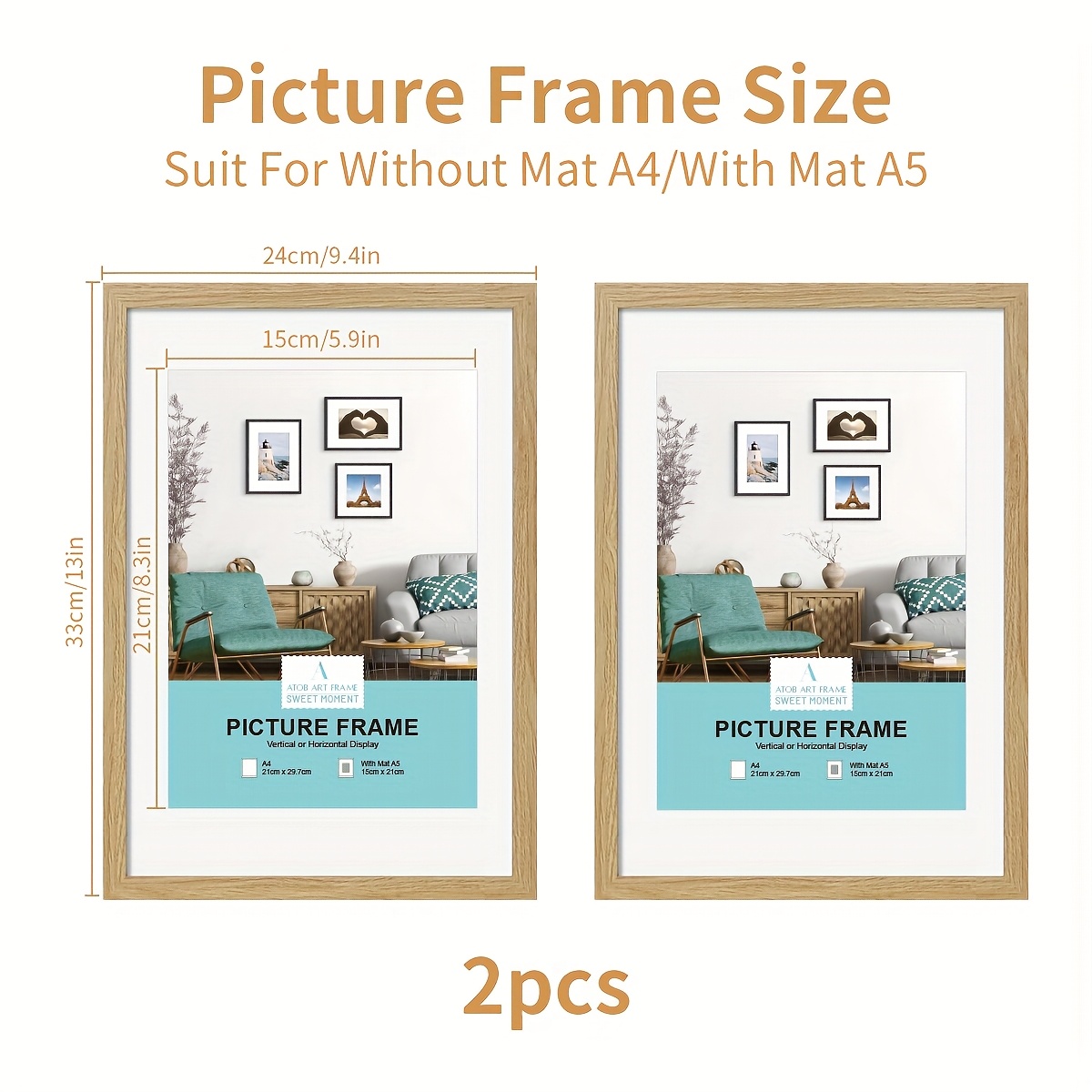 TEMU 2pcs, Wooden Photo Frames, Mat30*40cm/a3/a4 Retro Photo Frames, Photo Frames, Old Wood And Brown Retro Photo Frames, Home Wall Decoration Photo