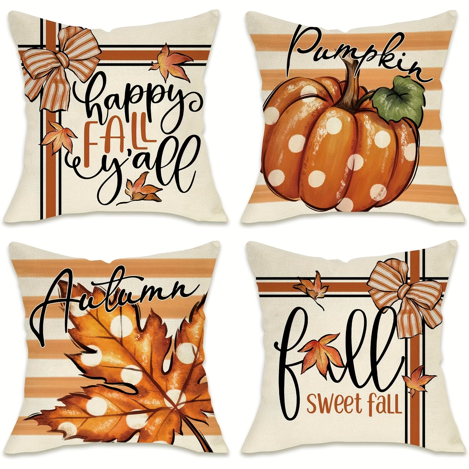 

4-pack Autumn Theme Throw Pillow Covers 18x18 Inch, Polyester Farmhouse Thanksgiving Cushion Cases With Zipper, Contemporary Machine-washable Covers, Woven Pumpkin & Maple Leaf Designs For Home Decor