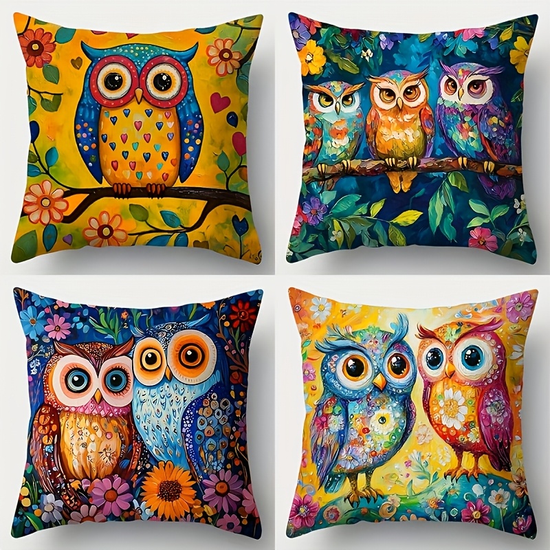 TEMU 4pcs Colorful Oil Painting Owl Throw Pillow Covers, 17.72 X 17.72 Inch Double-sided Printed Decorative Cushion Cases, Zipper Square Sofa Waist