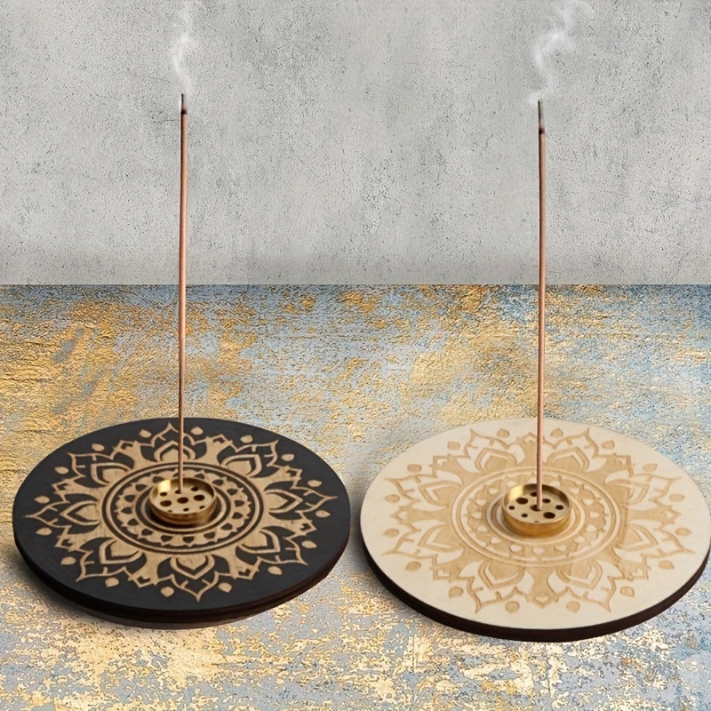 

1pc, Wooden Incense Stick Holder With Round Tray, Mandala & Celestial Designs, Zen Aesthetic Incense Burner, Easy Clean With Brush Slot, Meditation & Yoga Decor, Home Fragrance Accessory