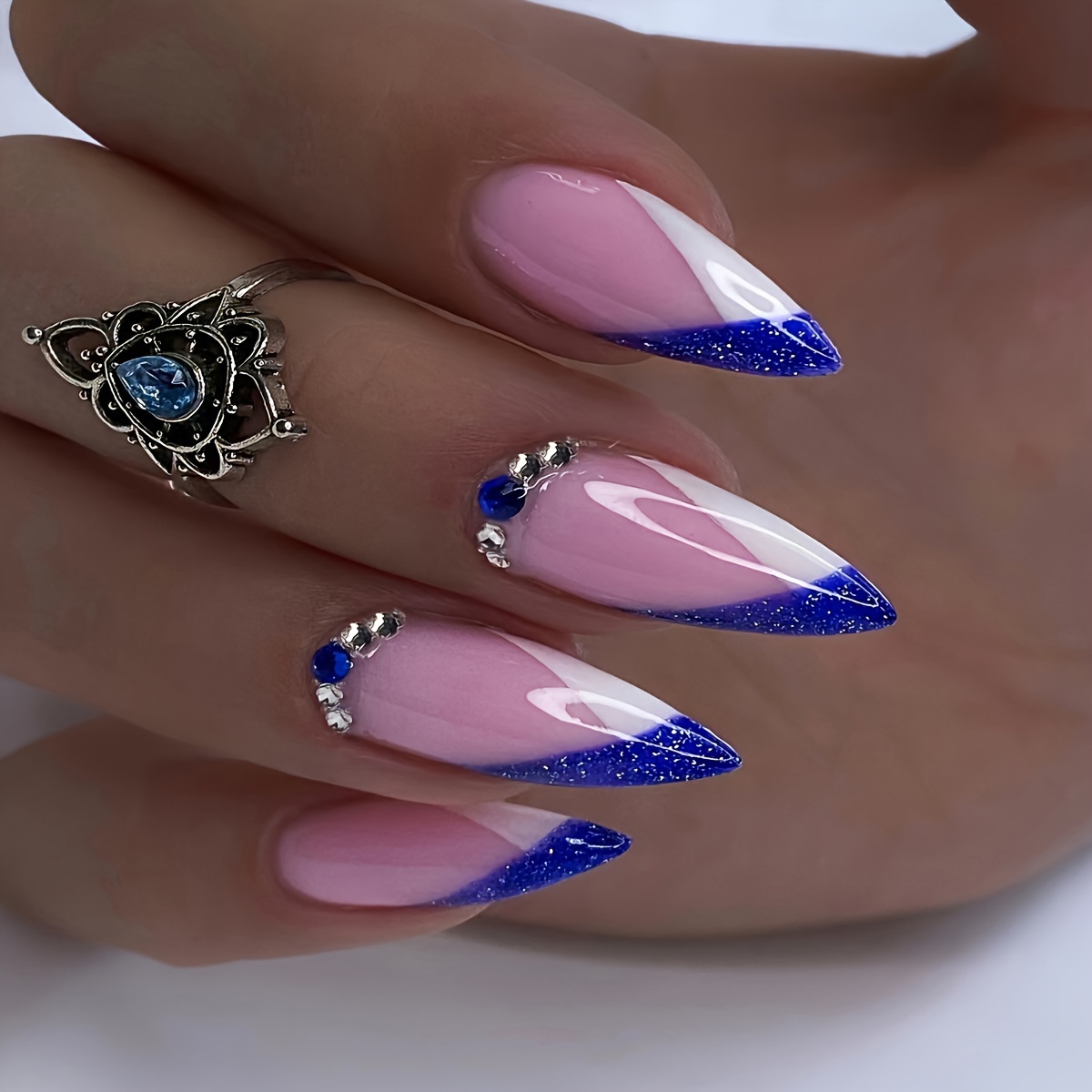 

24pcs Long Drop Shape Press On Nails With Blue-purple French Glitter And Gem Accents, Glossy Finish With Jelly Glue And Nail File Included.