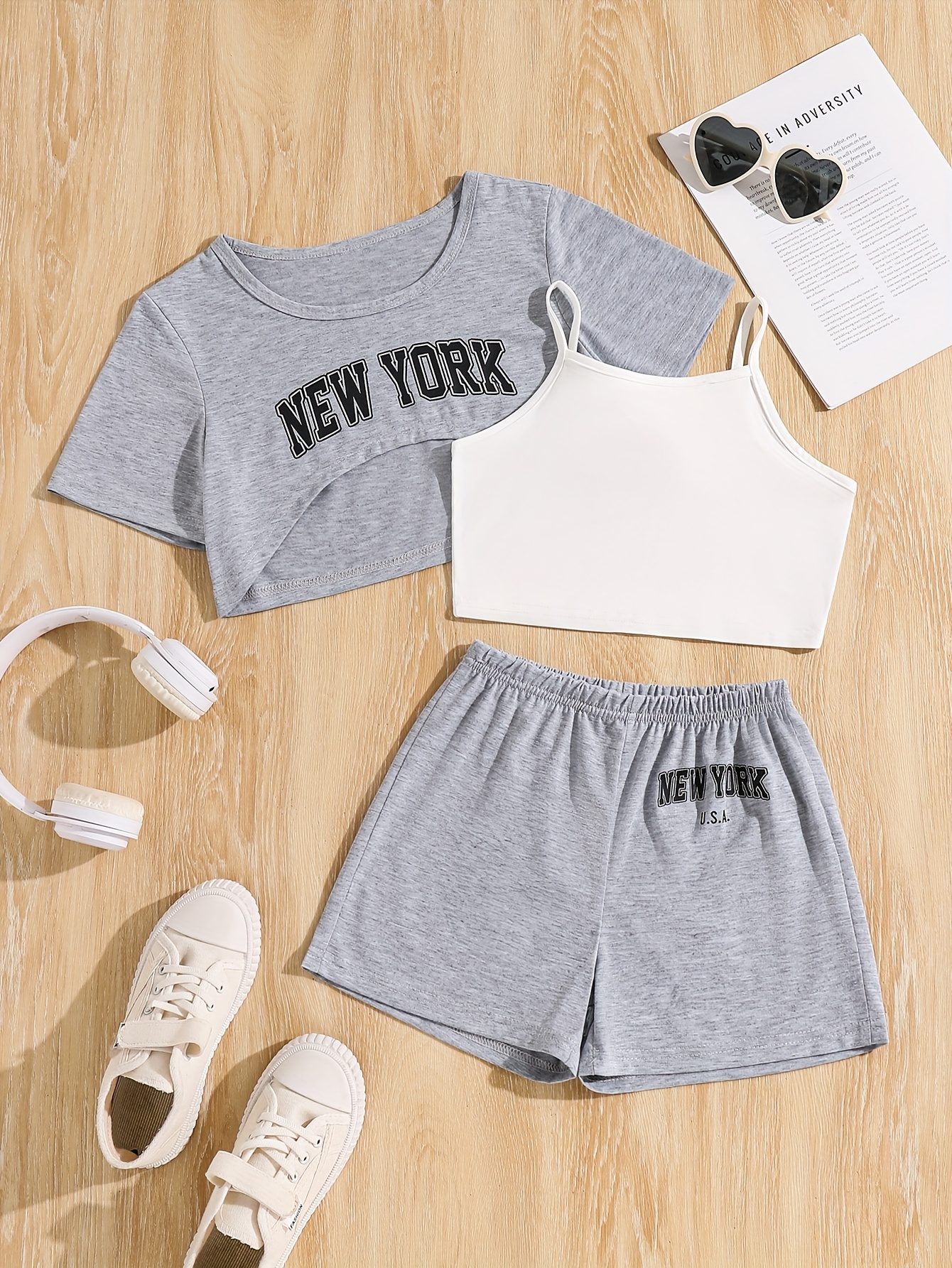 Girls 3 Piece Outfit Set - Letter Print Cami Top, Track Shorts & Short Sleeve Top