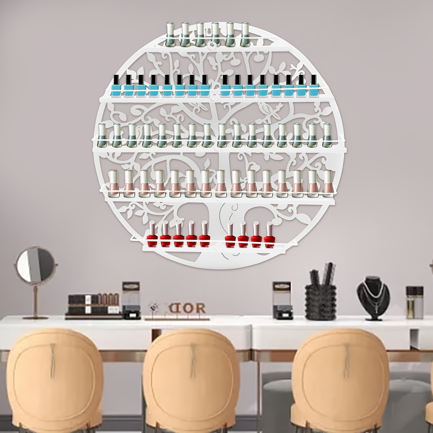 Wall Mounted 5 Tier Nail Polish Rack Holder - Round Metal Salon Wall Art Display White