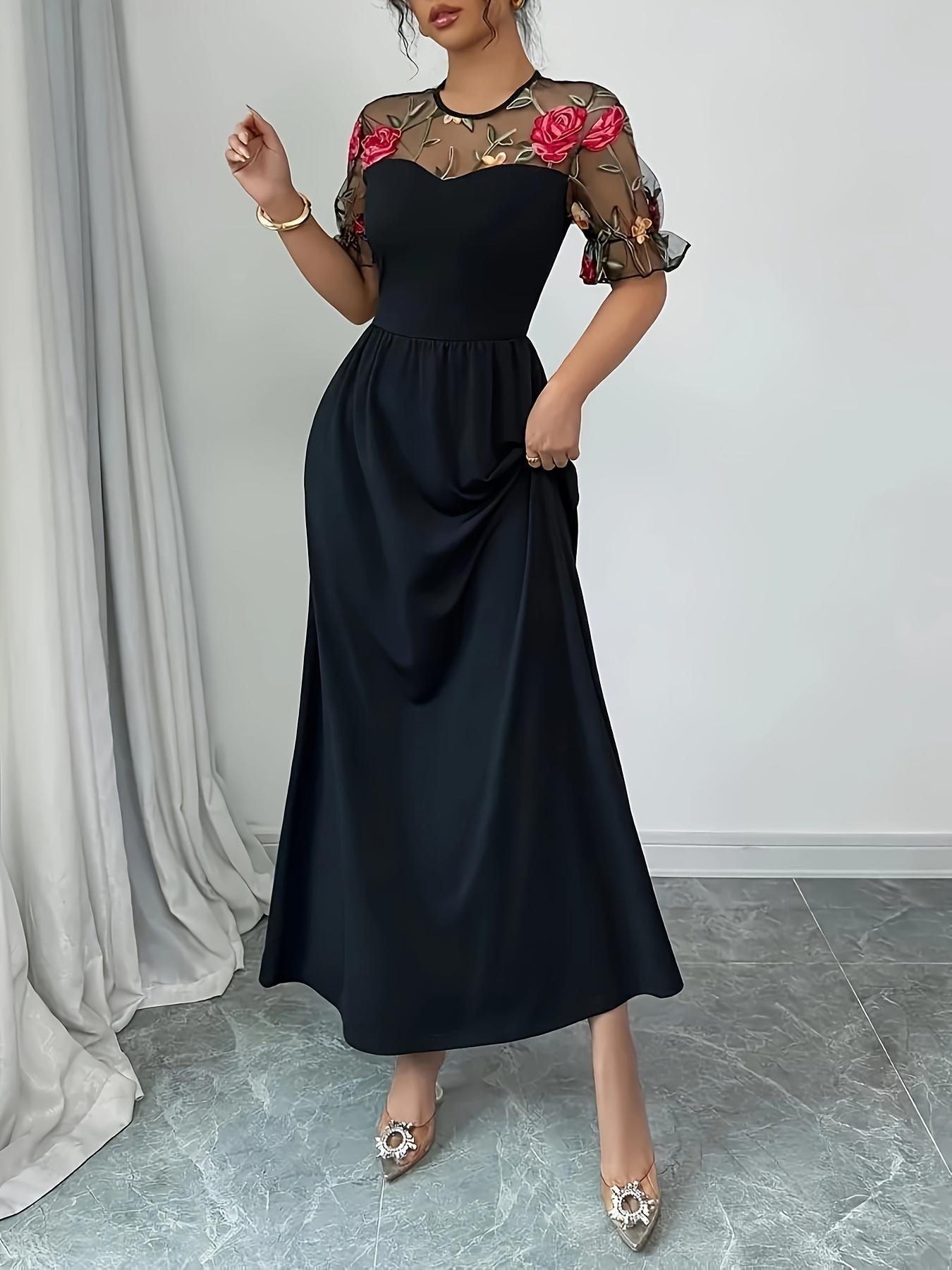 black dress with roses embroidered Ruby Black Evening Mesh Dress with Embroidered Roses main image 0